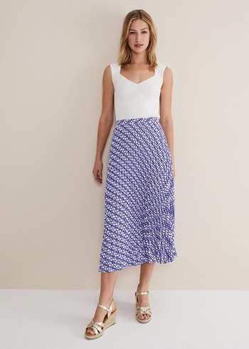 Phase Eight Elmina Geo Pleated Skirts Blue/White Canada | QBWZAR-976